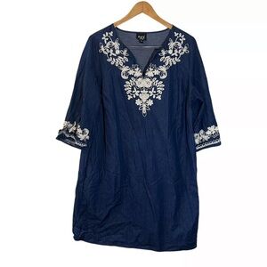 eci Denim Dress Plus Size 16W White Embroidered Flowers Boho Hippie 3/4 Sleeves